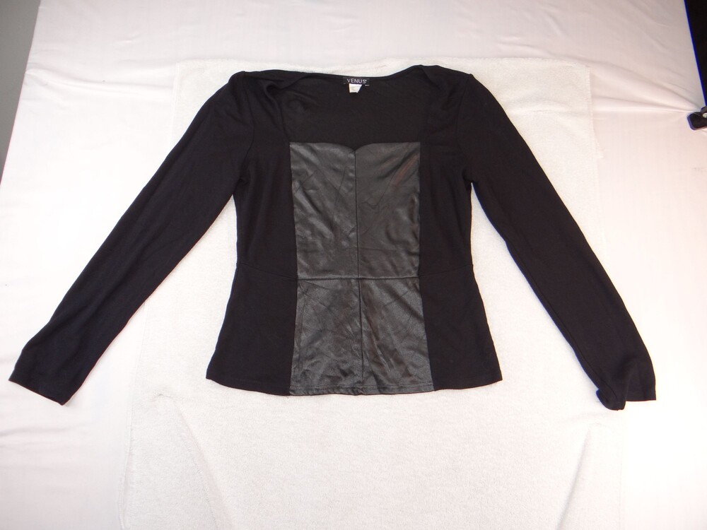 VENUS Long Sleeve Top Size 12 Black Faux Leather Front Panel